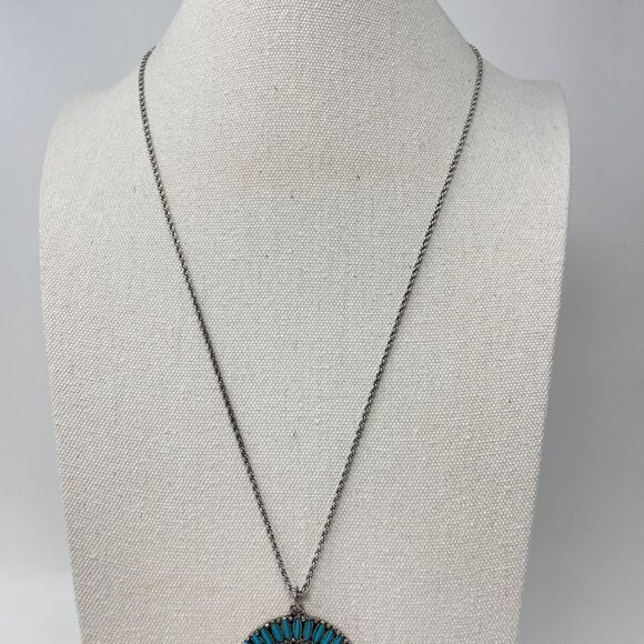 Petit Point Turquoise Blue Pendant Necklace Silver-Tone Long Southwest Western - Picture 3 of 12